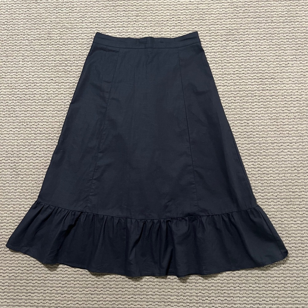 O.P.T Black Flax Linen Cotton Ruffle Hem A-Line Midi Skirt Size Large